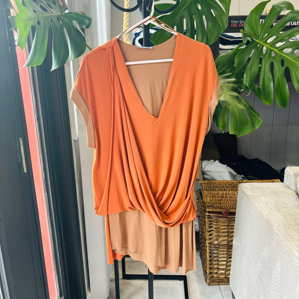Zara W&B Collection Asymmetrical dress in orange and tan, size L